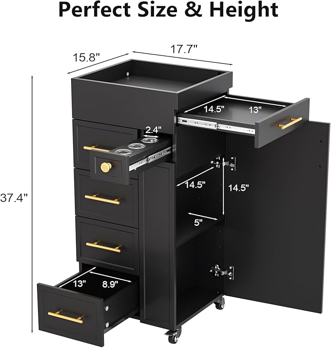 OmySalon Salon Trolley Cart, Hair Styling Station with 5 Drawers, 3 Tool Holders & Adjustable Shelf, Mobile Storage Cabinet Utility Trolley for Barber, Beauty Spa, Home (Black)