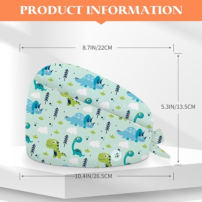 Adjustable Scrub Cap with Buttons & Sweatband, Working Hat with Elastic Tie Back, Unisex Nurse Surgical Caps for Women & Men
