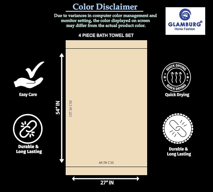 GLAMBURG Premium Cotton 4 Pack Bath Towel Set - 100% Pure Cotton - 4 Bath Towels 27x54 - Ideal for Everyday use - Ultra Soft & Highly Absorbent - White