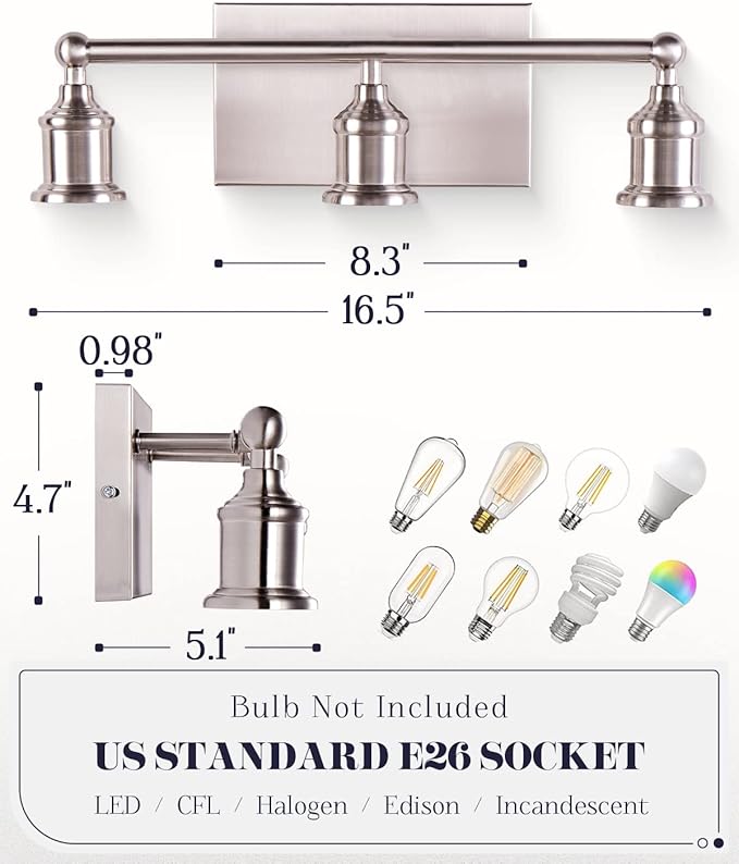 3-Light Vanity Light Fixture, Modern Brushed Nickel Wall Sconce Light Fixture, Industrial Bathroom Vanity Wall Lighting for Mirror, E26 Base Indoor Wall Lamps for Hallway(Bulb Not Included)