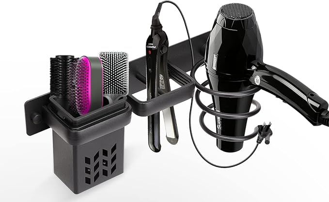 YUET Hair Dryer Holder Hairdryer Station Wall Mounted Shelf Bracket Straightener Stand Hanger Organizer Blow Storage w/Cable Tidy Rack For Dressing Table Bathroom Aluminum Professional,Black With Cup