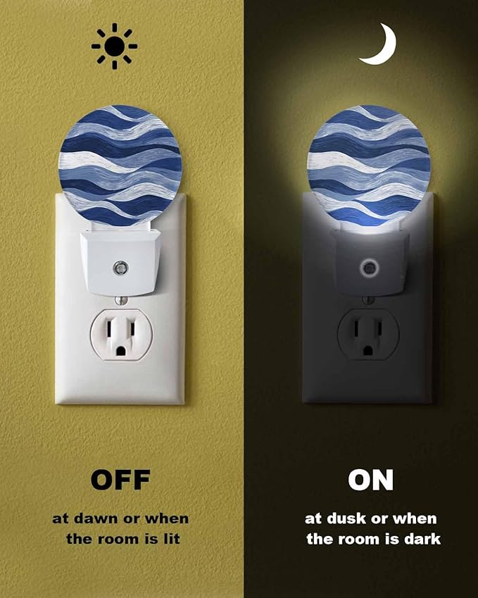 Night Lights Auto Sensor Navy Blue Ocean Waves Night Light Abstract Mountain Stripes Round Lamp Plug-in LED Nightlights Dusk to Dawn for Living Room Bedroom Bathroom Hallway Wall Decor