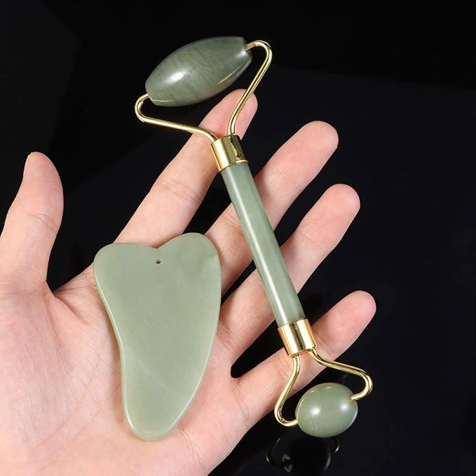 rosenice Jade Beauty Vessel Gua Sha Massage Tool Set with Roller and Scraping Plate for Facial and Neck Muscle Relief 5.90X1.96X1.18In Green-Set