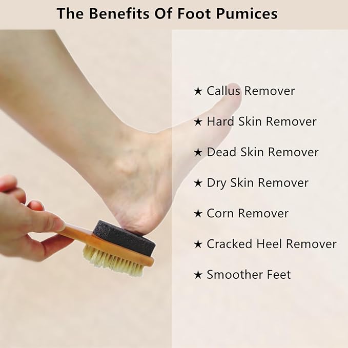 Natural Lava Pumice Stone for Feet with Foot Brush, Callus Remover Foot Scrubber Exfoliator Pedicure Tools for Hard Dead Skin, Softer & Smoother Feet, Double Sided Boar Bristles Wooden Handle