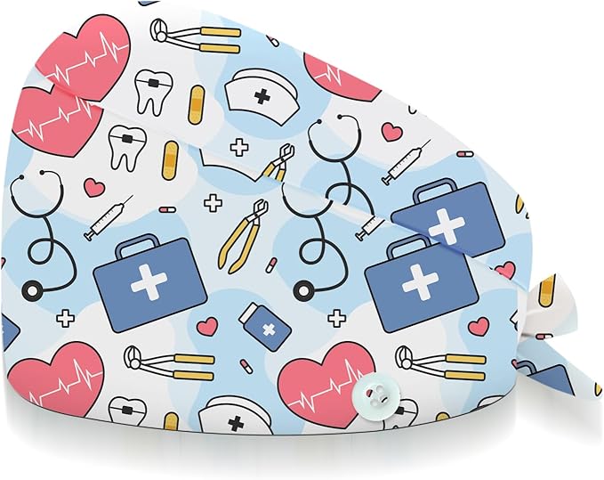 Adjustable Scrub Cap with Buttons & Sweatband, Working Hat with Elastic Tie Back, Unisex Nurse Surgical Caps for Women & Men