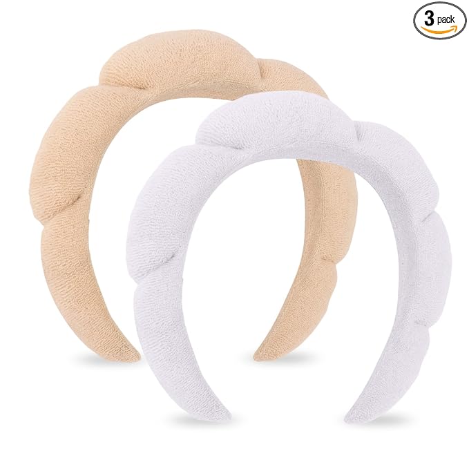 CAVETEE Spa Headband for Face Washing - Terry Cloth Puffy Makeup Headband Set of 2 (Beige & White, one size)