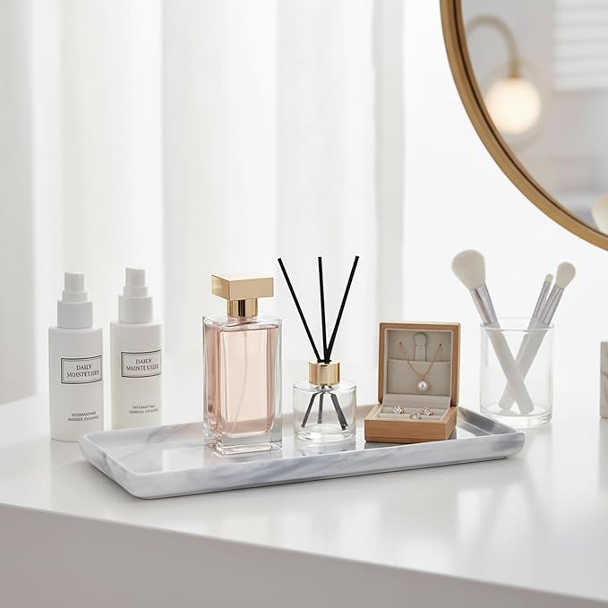 Bathroom Counter Organizer, 9.3"x3.7" Ceramic Bathroom Tray, Rectangle Decorative Tray Vanity Tray, Candles Perfume & Jewelry Storage for Spa, Bedroom, Kitchen (Marble Gray)