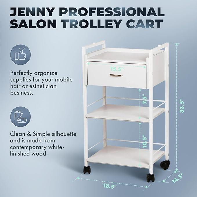 Buy-Rite Jenny Trolley Cart - 3-Tier Rolling Utility Cart for Spas, Estheticians & Salons, White Wood Organizer with Drawer, Open Shelves, Post Holes & Smooth Casters - Model TS-4205