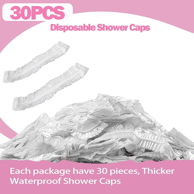 30 Pcs Disposable Shower Caps, Clear Plastic Bath Caps for Hair Treatment, Spa, Home, Kitchen, Hotel, Travel (17.3 Inch)