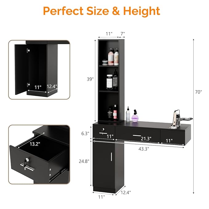 OmySalon Wall Mount Barber Stations, Salon Stations for Hair Stylist, Hair Styling Equipement Set with a Storage Cabinet, 2 Drawers and a 3 Tier Shelf (Black)