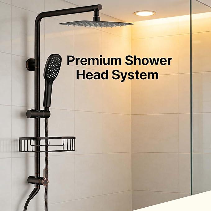 SonTiy Retrofit Rain Shower System Wall Mount, Oil Rubbed Bronze 12 Inch Rain Shower Head with Handheld Jet Spray with Slide Bar, Shower Caddy & Solid Brass Rail for Tall People