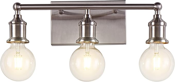 3-Light Vanity Light Fixture, Modern Brushed Nickel Wall Sconce Light Fixture, Industrial Bathroom Vanity Wall Lighting for Mirror, E26 Base Indoor Wall Lamps for Hallway(Bulb Not Included)