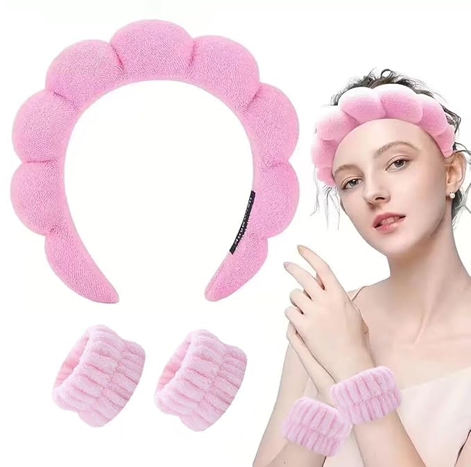 Spa Headband and Wristband Set for Women,Terry Cloth Sponge Headband for Washing Face,Makeup,Facial Mask and Skincare (Pink, One Size)