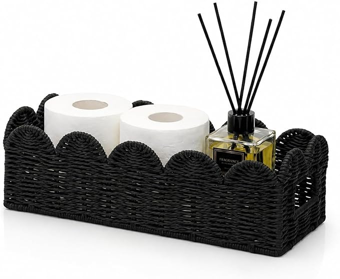Scalloped Toilet Tank Basket for Back of Toilet, Black Wicker Bathroom Tray for Toilet Paper Storage, Bathroom Organizer for Tank Top, Countertop & Small Spaces