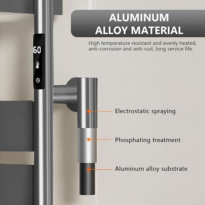 Towel Warmer Rack, Heated Towel Rack for Bathroom, Wall-Mounted Plug (Not Hardwired), Aluminum Alloy/4 Large Area Heating rods, with Timer and Temperature Adjustment, Overheat Protection Function Gray