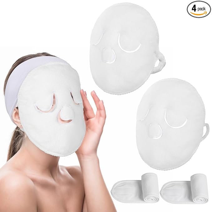 Face Steaming Towel, 4 Pack Reusable Face Towel Mask with Face Washing Headband Cold Hot Compress Facial Steamer Towel Moisturizing Beauty Care Spa Towels for Women Girls Skin Face Care Beauty Salons