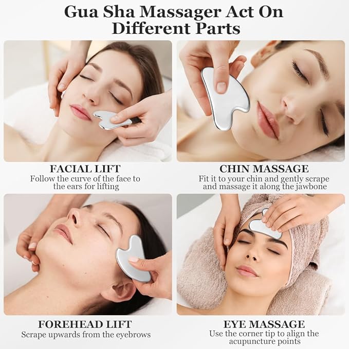 URAQT Stainless Steel Gua Sha Facial Tools Guasha Tools for Face Skin Care Body Gua Sha Tools Tighten Skin Massage Tools for Puffiness Reducing & Jawline Sculpting Face Stone Gua Sha Tools (Silver)