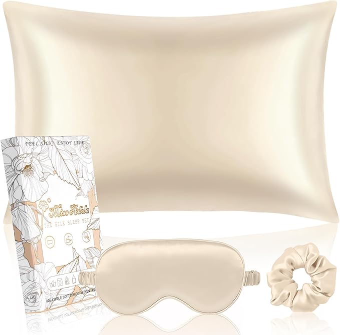Miss Adola 1Pack Mulberry Silk Pillow Case for Hair and Skin Standard 26"x20" Silk Pillowcase with Eye Mask & Scrunchie Soft Silk Pillowcase Sleeping for Women, Wife, Female - Champagne Gold