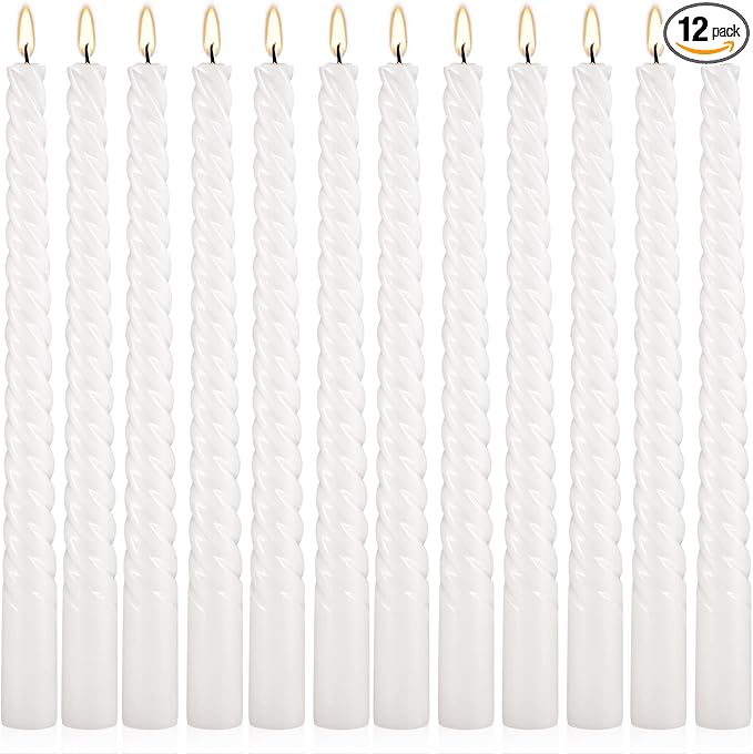 WPONSZU 10 Inch White Spiral Taper Candle Set of 12 Pack Unscented Dripless Candlesticks for Valentine's Day,Dinner,Party,Brithday,Wedding,Christmas,and Home Decoration