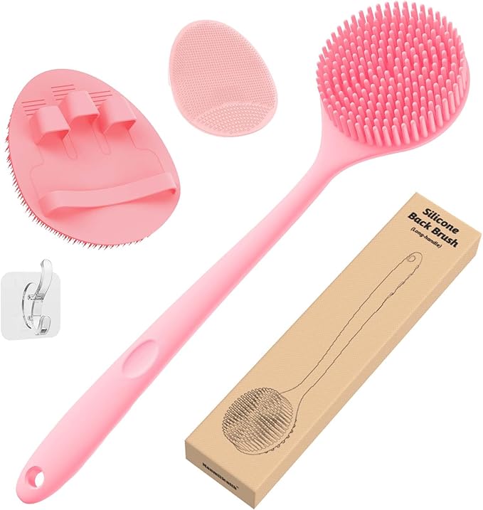 Manmihealth Silicone Back Scrubber (Thick Bristles) & Bath Glove & Face Brush Set (3PCS), Super-Exfoliating & Lathering Body Scrubber, Shower Brush, Face Scrubber Combination, with a Free Hook (Pink)