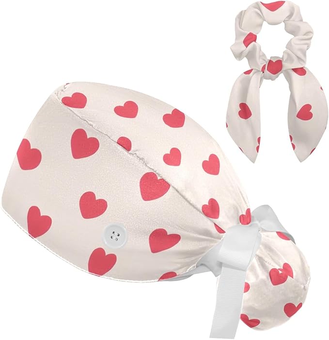 Scrub Caps Women Ponytail Cute Pink and White Leaves Caps Bouffant Working Hat Elastic Tie Back Hats with Button
