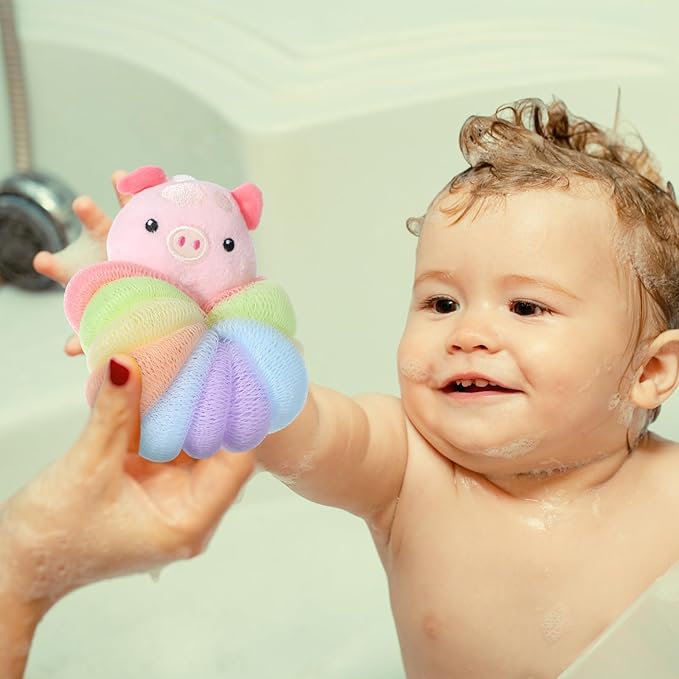 Nuenen 2 Pcs Bath Loofahs Kids Toddler Cute Cartoon Bath Sponges Loofah Pouf Body Scrubber Mesh Sponges for Children Shower Washing Exfoliating(Calf, Pig)