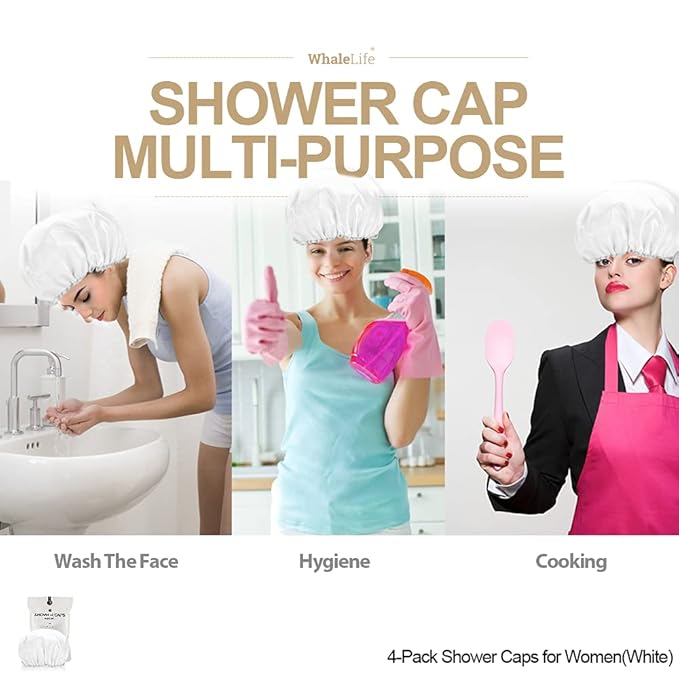 Shower Cap for Women Reusable Extra Large Shower Cap for Men (White 4 Pack Large) Satin Double Layer EVA Waterproof Long Hair Cap