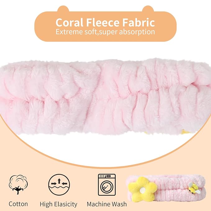 PERFECTSIGHT Kawaii Headband for Spa, Makeup, Washing Face, Party - 2 Pack Cute Hair Band for Shower Beauty Skincare, Soft Facial Headbands for Girls and Women (Pink Flower Bee)