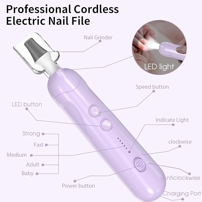 Cordless Electric Nail File Set, Rechargeable Pedicure Tools for feet, Professional Manicure Pedicure Kit 5 Speeds Hand Foot Care Nail Drill for Thick Nail Toenail Cuticle Women Men Pets, Oil-Purple