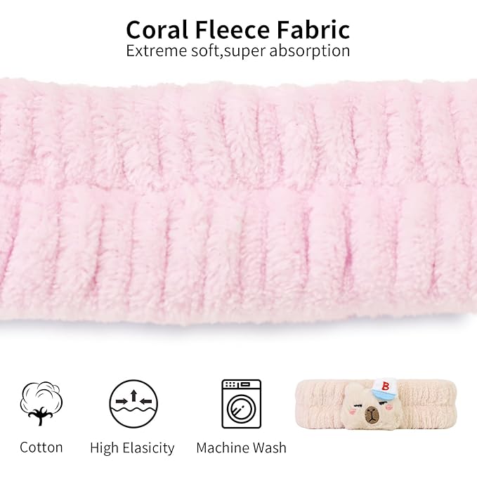 Spa Headband for Washing Face, 2 Pack Cute Halloween Hair Band for Shower Yoga Beauty, Fluffy Makeup Headband, Kawaii Facial Headbands for Woman Girls, Pink+Beige Capybara