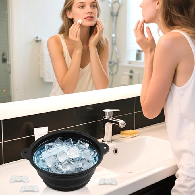 Face Bowl for Ice with Built-In Ice Tray, Collapsible Silicone Facial Ices Bath Bowl for Cold Plunge Therapys, Skin Tightening & Acne Relief, Portable Spa Tool for Home Travel (COLOR:black)