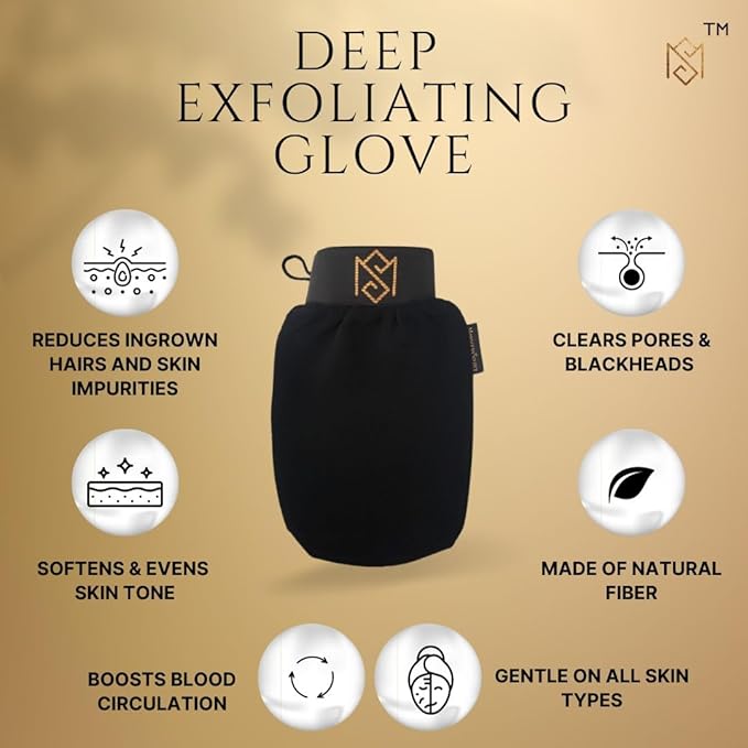 Exfoliating Glove Kessa Mitt Body Scrubber – Dead Skin Remover Shower Glove for Deep Pore Cleansing, Black Soap, and Moisturizer by Moroccan Source – 3 Piece Spa Set Kit