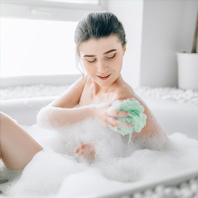 3 Pcs Washcloth Loofah Combo, 2 in 1 Bath Loofah Sponge with Drawstring, Exfoliation Mesh Shower Puff Ball for Body Wash Cleansing and Smooth Skin (Pink Beige Green)