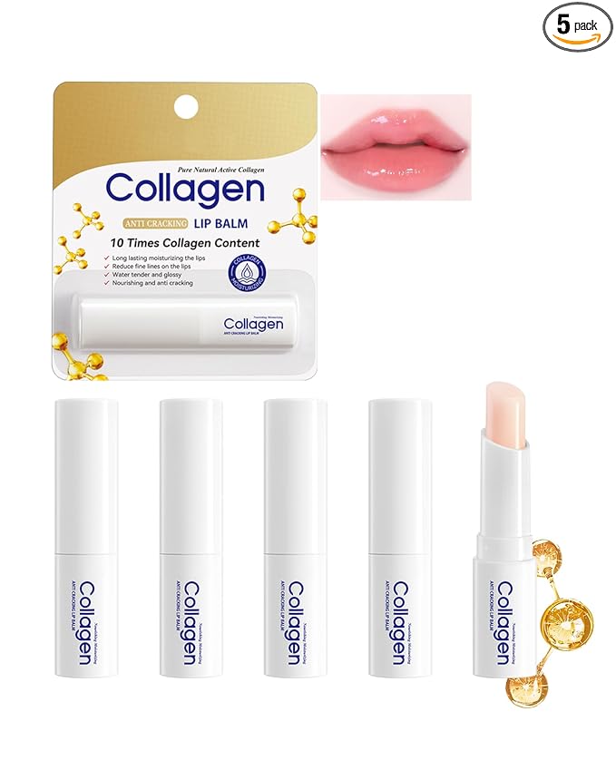 Collagen Lip Balm Set, 5Pcs Moisturizing Hydrating Lip Balm, Dry Lips Care Lip Moisturizer, Nourishing Vegan Lip Primer for Lipstick, Lightweight & Non-Sticky,Thanksgiving Lip Care Gift Kit for Women