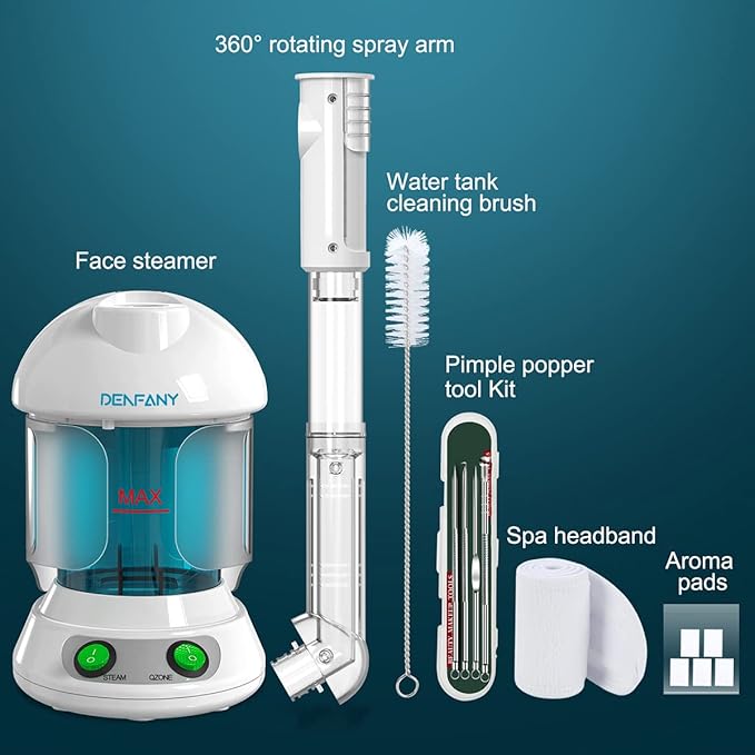 Facial Steamer - DENFANY Nano Ionic Face Steamer with Extendable 360° Rotating Arm - Portable Facial Steamer for Personal Care at Home or Salo (Blue)