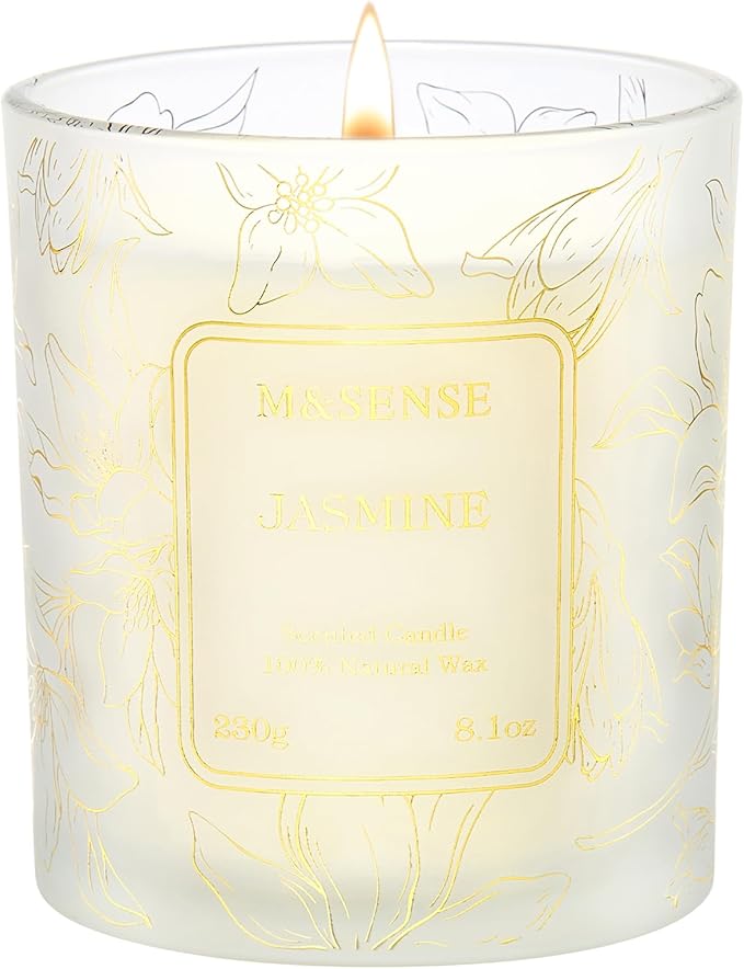 M&SENSE Jasmine Scented Natural Soy Candle, 8.1oz 42H Non-Toxic Long Burning, Aromatherapy Stress Relief Home Fragrance, Spring Ideal Present for Her