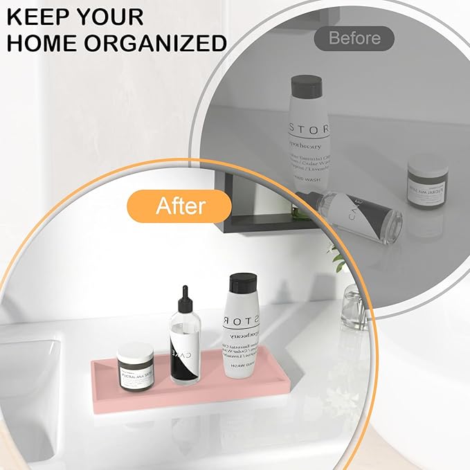 Bathroom Vanity Tray, 7.8 x 3.9 Inch Silicone Bathroom Tray Countertop, Non-Slip Decorative Tray for Bathroom, Kitchen, Toilet to Organize Perfume, Jewelry, Soap, Waterproof, Pink