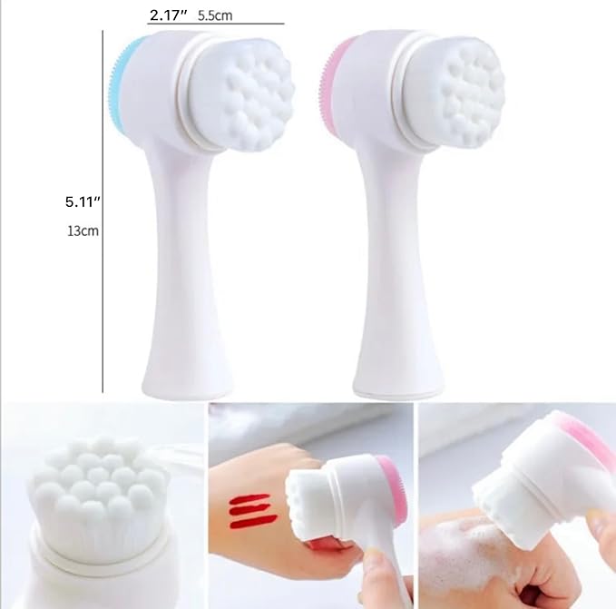Face Brush, 2 in 1, Facial Cleansing Exfoliating Brush, Double Sided Soft Bristles & Silicone Facial Scrubber. Deep Pore Exfoliation, Blackhead Remover, Makeup Remover, Manual Use (Cotton Candy)