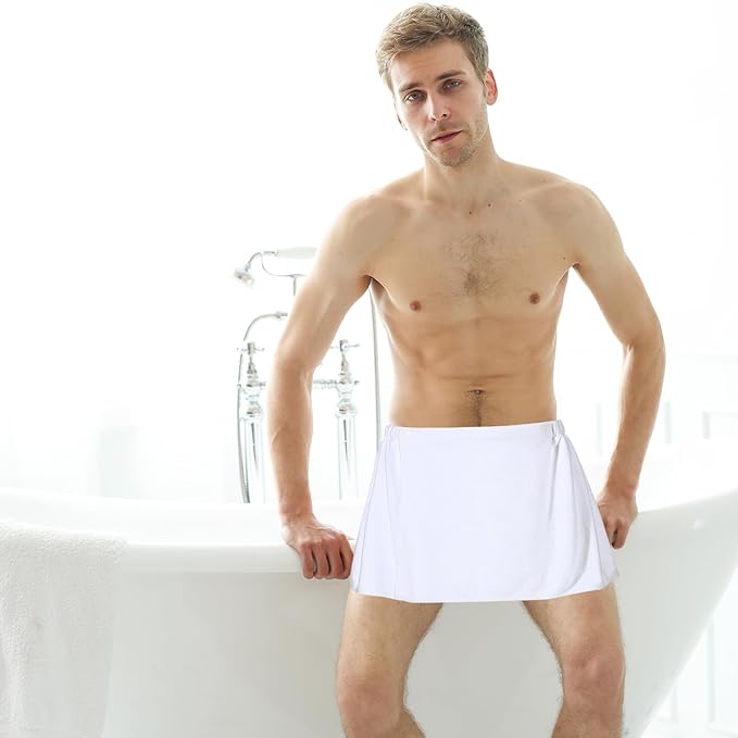 Men Boys Soft Wearable Bath Towel Short Pants Adjustable Mircofiber Towel Blanket Bathroom Pool Beach Spa Bathing Shower Cover Up Wrap Around Towel with Snap Closure (White)