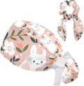Scrub Caps Women Ponytail Cute Pink and White Leaves Caps Bouffant Working Hat Elastic Tie Back Hats with Button