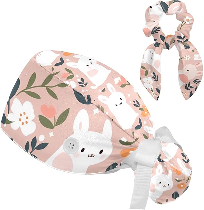 Scrub Caps Women Ponytail Cute Pink and White Leaves Caps Bouffant Working Hat Elastic Tie Back Hats with Button