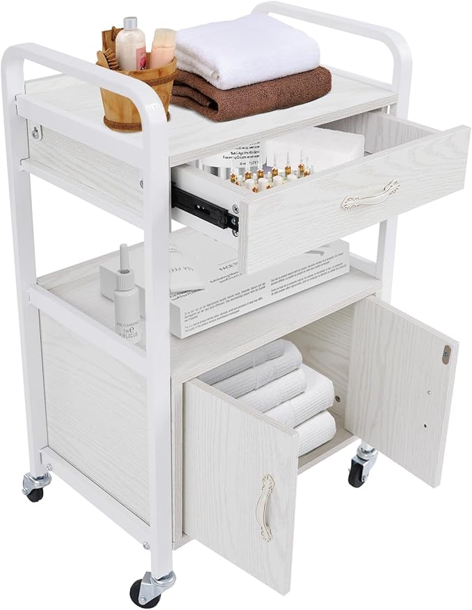 Salon Cart,Salon Storage Cart with Drawers, 4 Wheels and Handles, Movable Beauty Organizer, Salon Trolley for Beauty Salons, Barber Shops, Nail Salons, Spas (White)