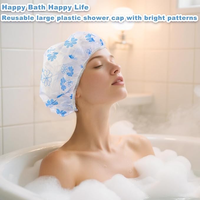 18Pcs Plastic Shower Caps for Women Waterproof Bath Caps Bathing Hair Cap Reusable Shower Caps for Shower,Spa,Salon,Housework,Girls,Home,Travel (Blue-Flower)