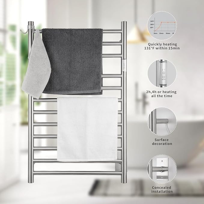 Wall Mounted Towel Warmer 12 Bars with Plug-in and Hardwired Options 3 Working Modes Brushed Stainless Steel 21” W 34” H