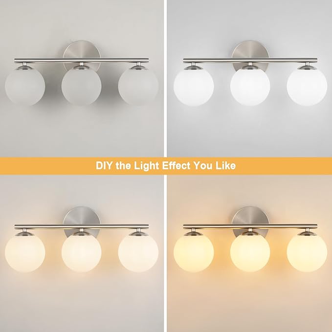 Brushed Nickel Bathroom Light Fixtures 3-Light Globe Vanity Light with Plastic Milk White Globe Shades 11.81 inch Wall Sconce Lighting Over Mirror Vanity Lights for Bathroom Bedroom Hallway