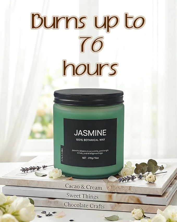 Jasmine Home Scented Candles, 13oz Organic Soy Wax, 76-Hour Clean Burning, Natural Candles Non Toxic, Floral Scent for Relaxation, Aromatherapy Housewarming Candle for Men Women