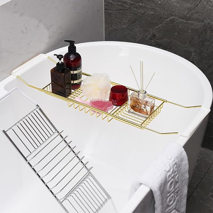 PLKO Bathtub Tray,Stainless Steel Shower Bathtub Caddy Tray with Removable Book Holder Red Wine Rack Holder, for Home Kitchen Bathroom,Gold