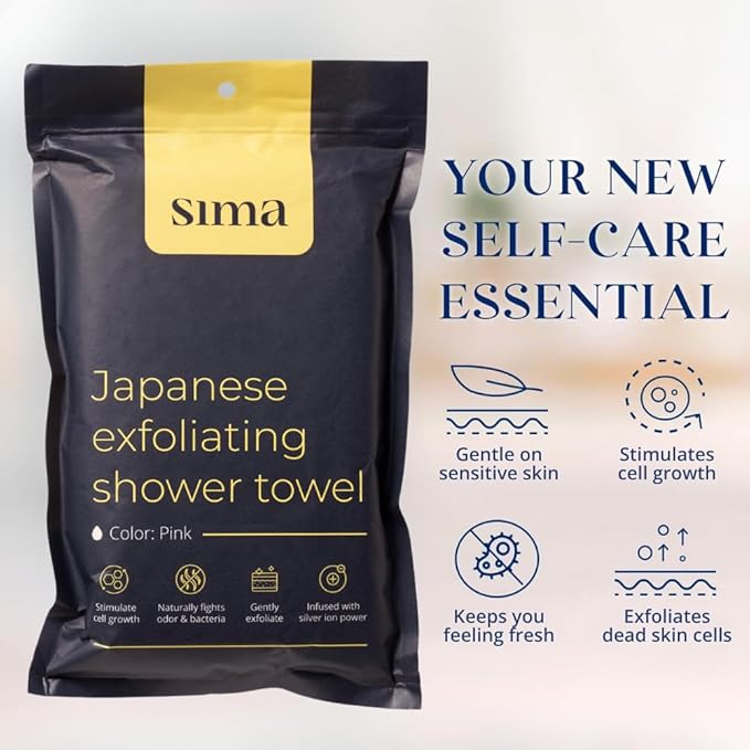 Sima Brand Exfoliating Washcloth Face & Body Scrub Towel - Japanese Exfoliating Towel with Hexagon Fibers, Body Scrubber with 2 Sides for Scrubbing & Washing, Extra Long Towels (White, 2 Pack)