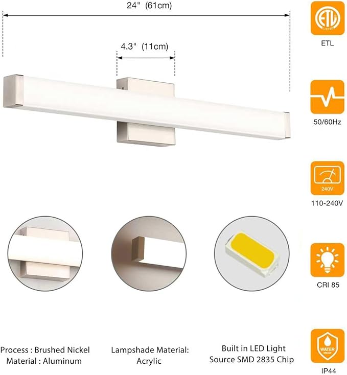 LED Bathroom Vanity Light Fixtures 24 in Brushed Nickel, 14W 4000K Natural White Square Wall Fixture, Modern Lighting for Over Mirror, Damp Rated,ETL
