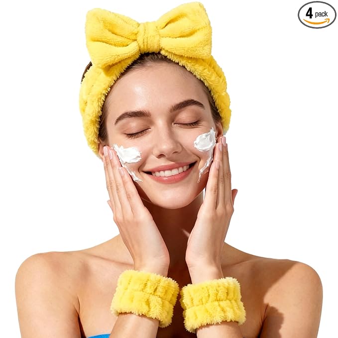 Fmeida Skincare Headband and Face Washing Wristband Set Spa hair band for Makeup, Shower -Yellow,3 Pack